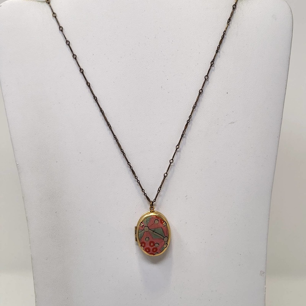 Lenora Dame Brass Chain Floral Fabric Photo Locket Long Necklace Unique Artisan